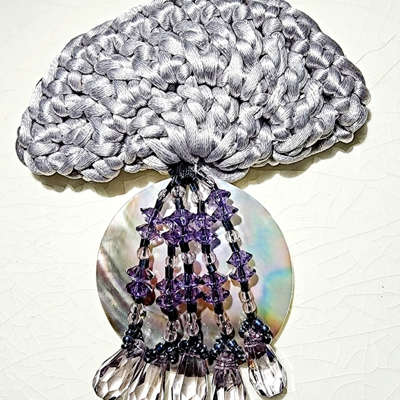 Jewelry - Periwinkle soft grey shell brooch  cascading faceted beads iridescent crochet